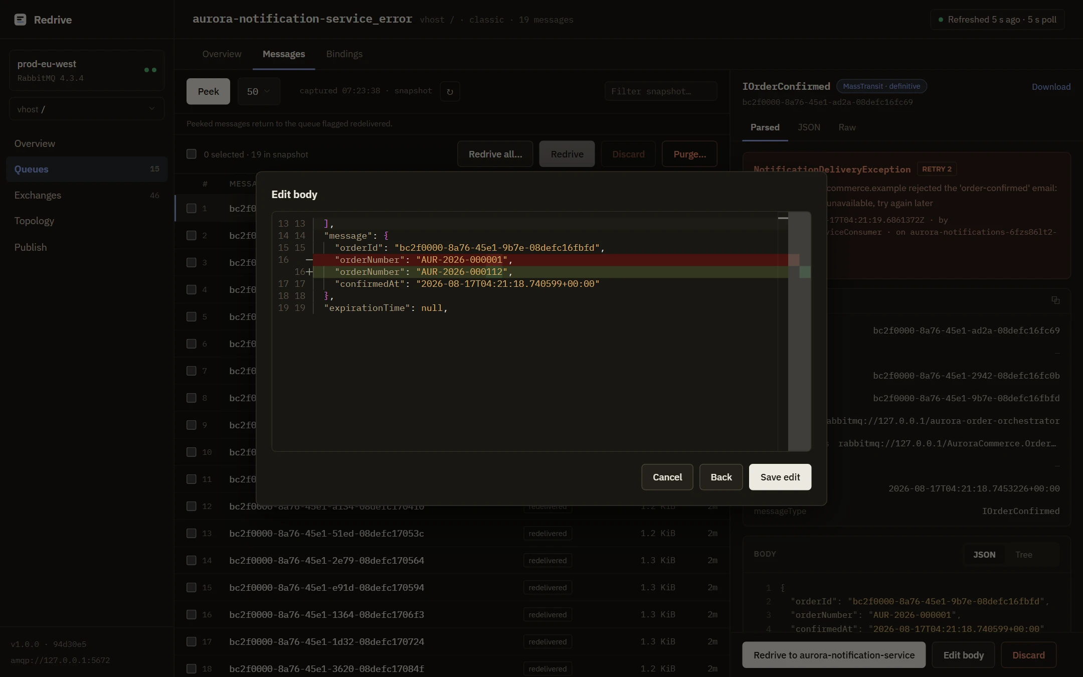 The edit body dialog showing a reviewed diff: the old order number line removed, the corrected line added