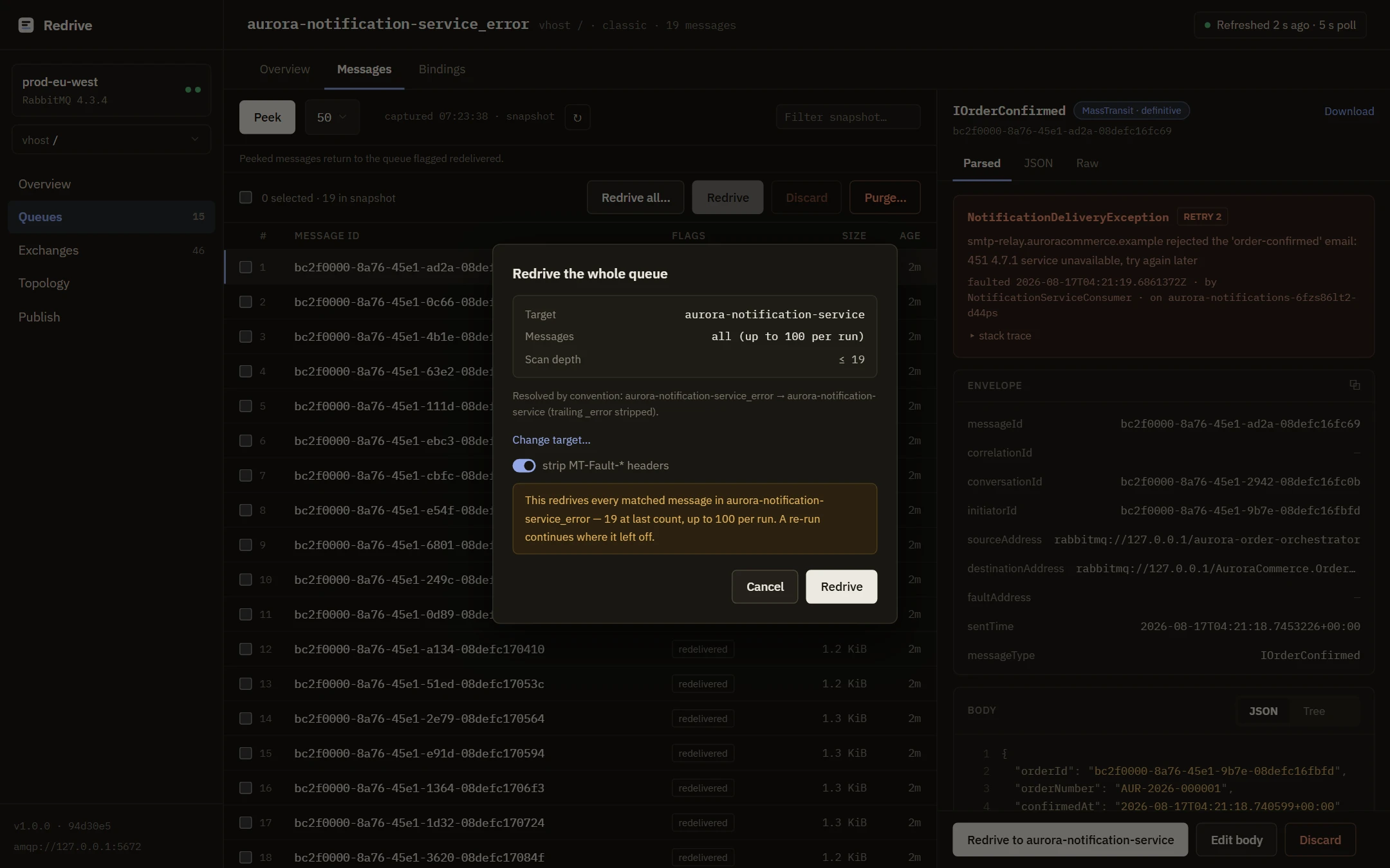 The redrive-the-whole-queue dialog: the resolved target queue, message count, scan depth, and the strip MT-Fault headers toggle